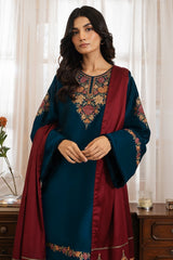 Dhanak-3PC Embroidered Shirt with Digital Printed Wool Shawl - 3495
