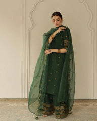 Dhanak-3PC Embroidered Shirt with Organza Sequence Embroidered Dupatta - 3444