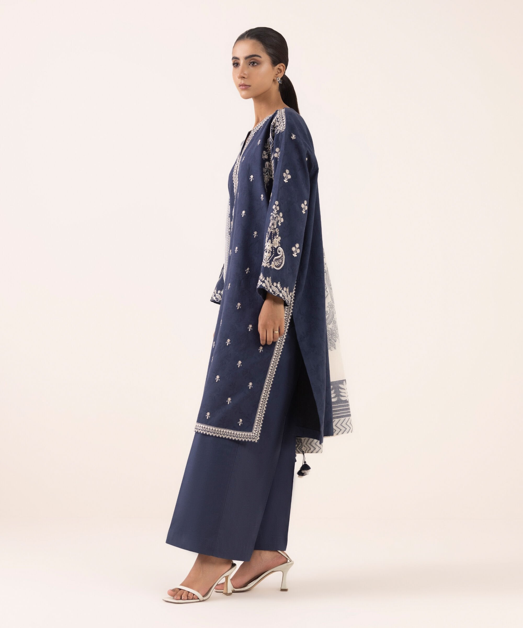 Dhanak-3PC Embroidered Shirt with Digital Printed Wool Shawl - 3511