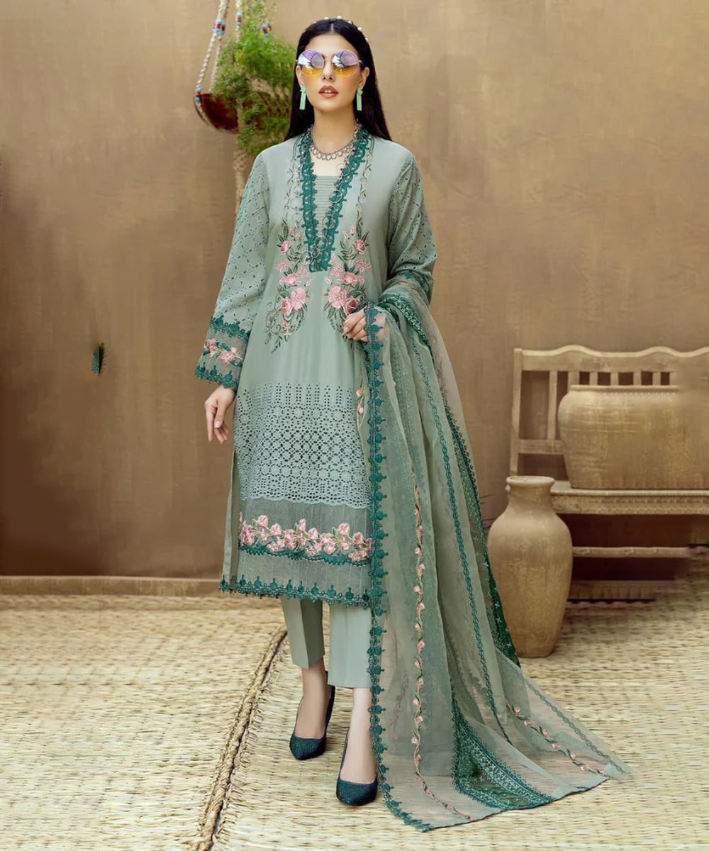 Dhanak 3PC Embroidered Shirt with Organza Embroidered Dupatta – ZC3292