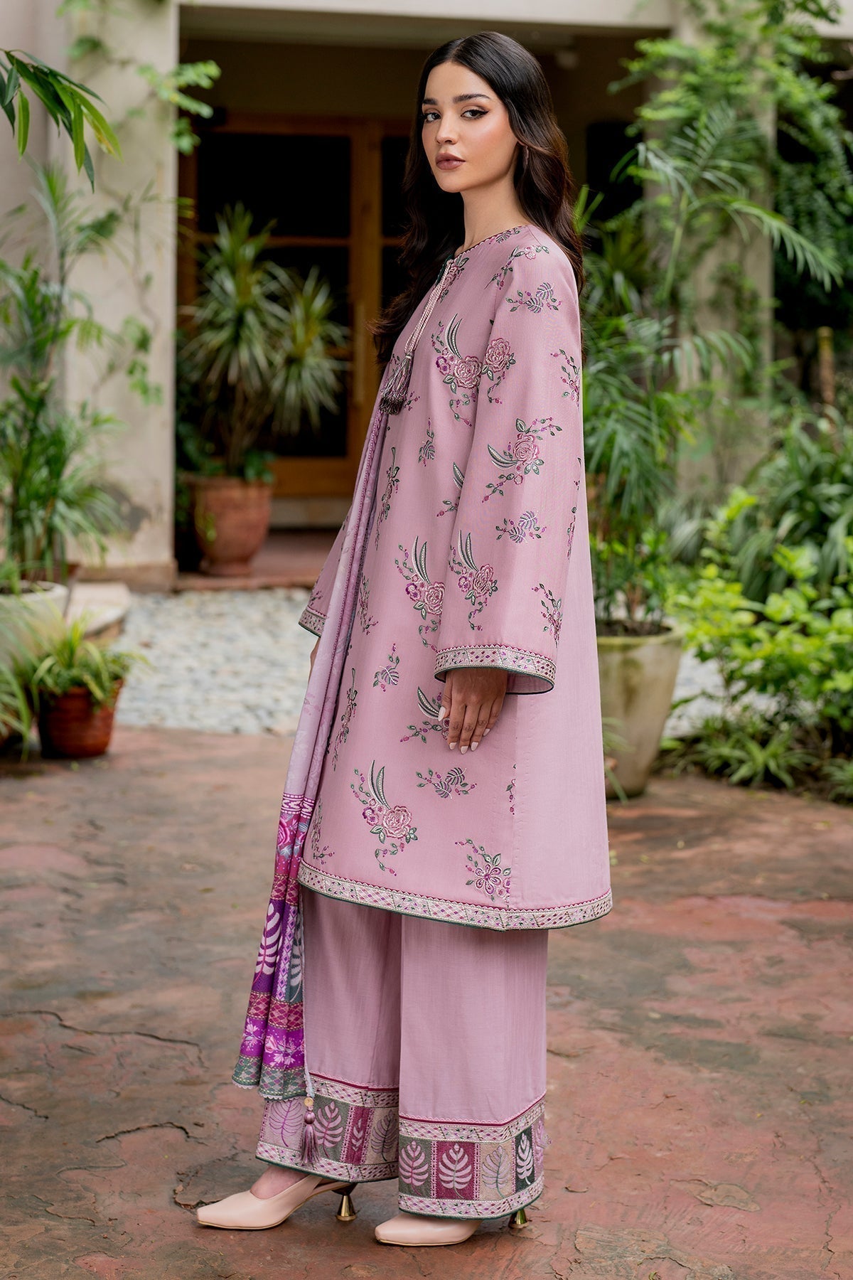 Jazmin 3PC Dhanak Embroidered Shirt with Digital Printed Shawl – ZC288