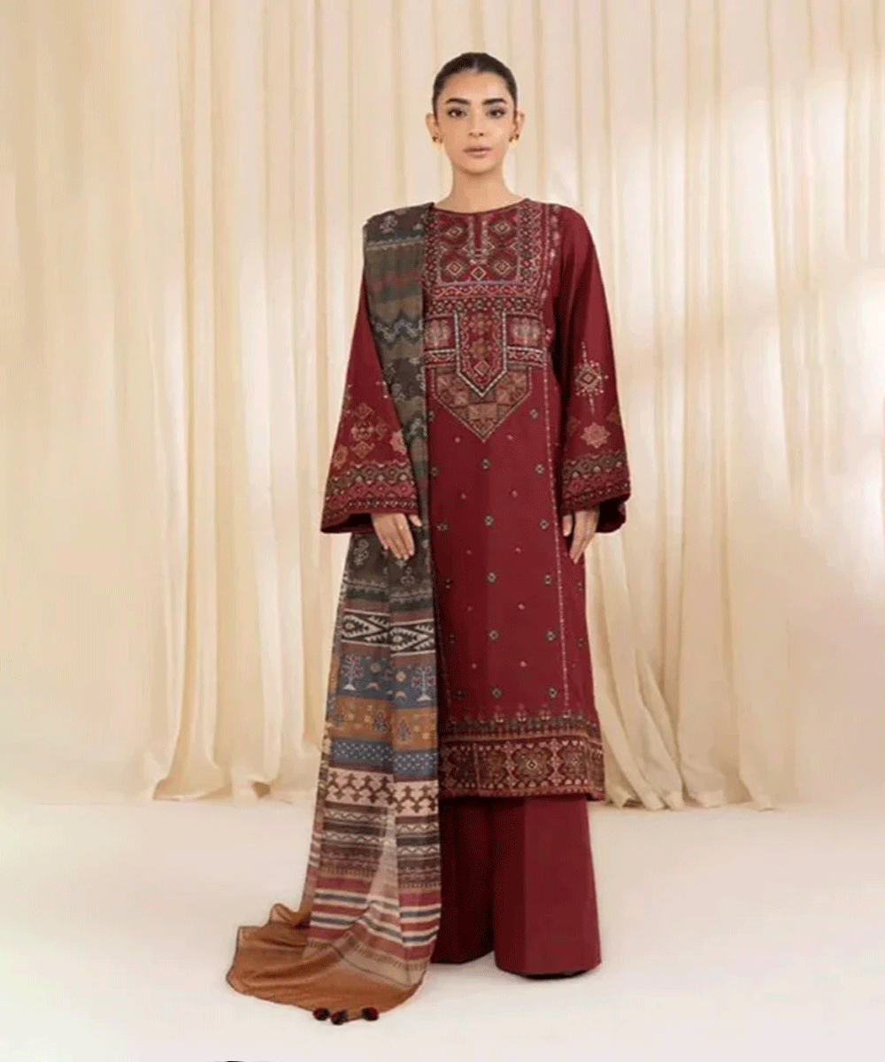 Dhanak 3PC Embroidered Shirt with Digital Printed Wool Shawl – ZC3268