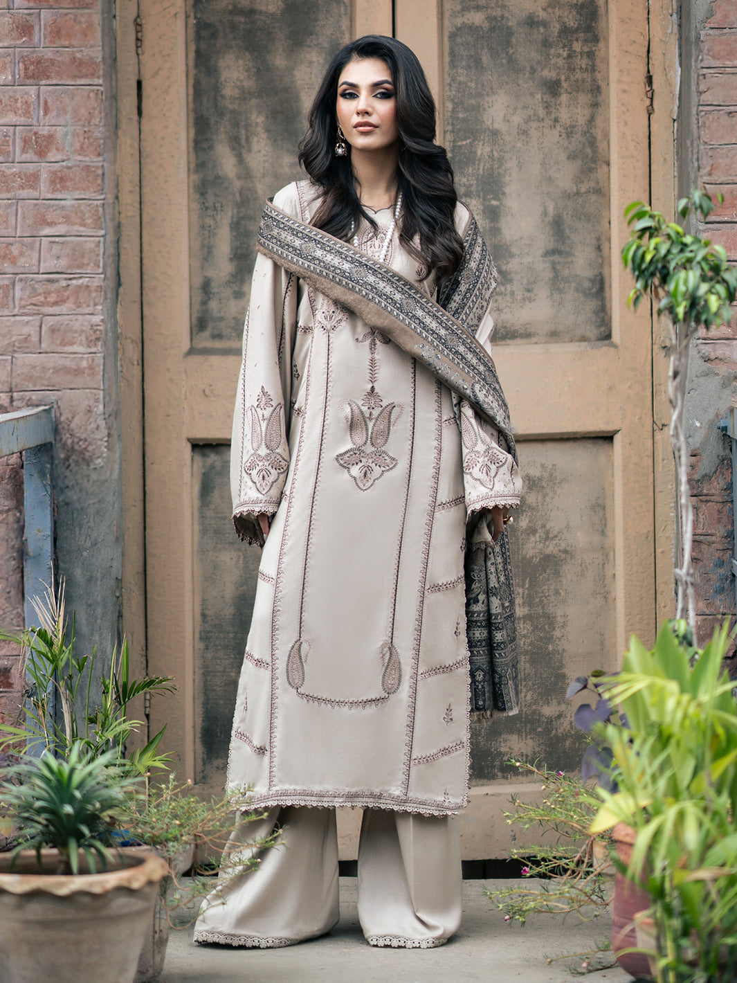 ZEL MUSAFIR 3PC Dhanak Embroidered Shirt with Digital Printed Shawl – ZC257