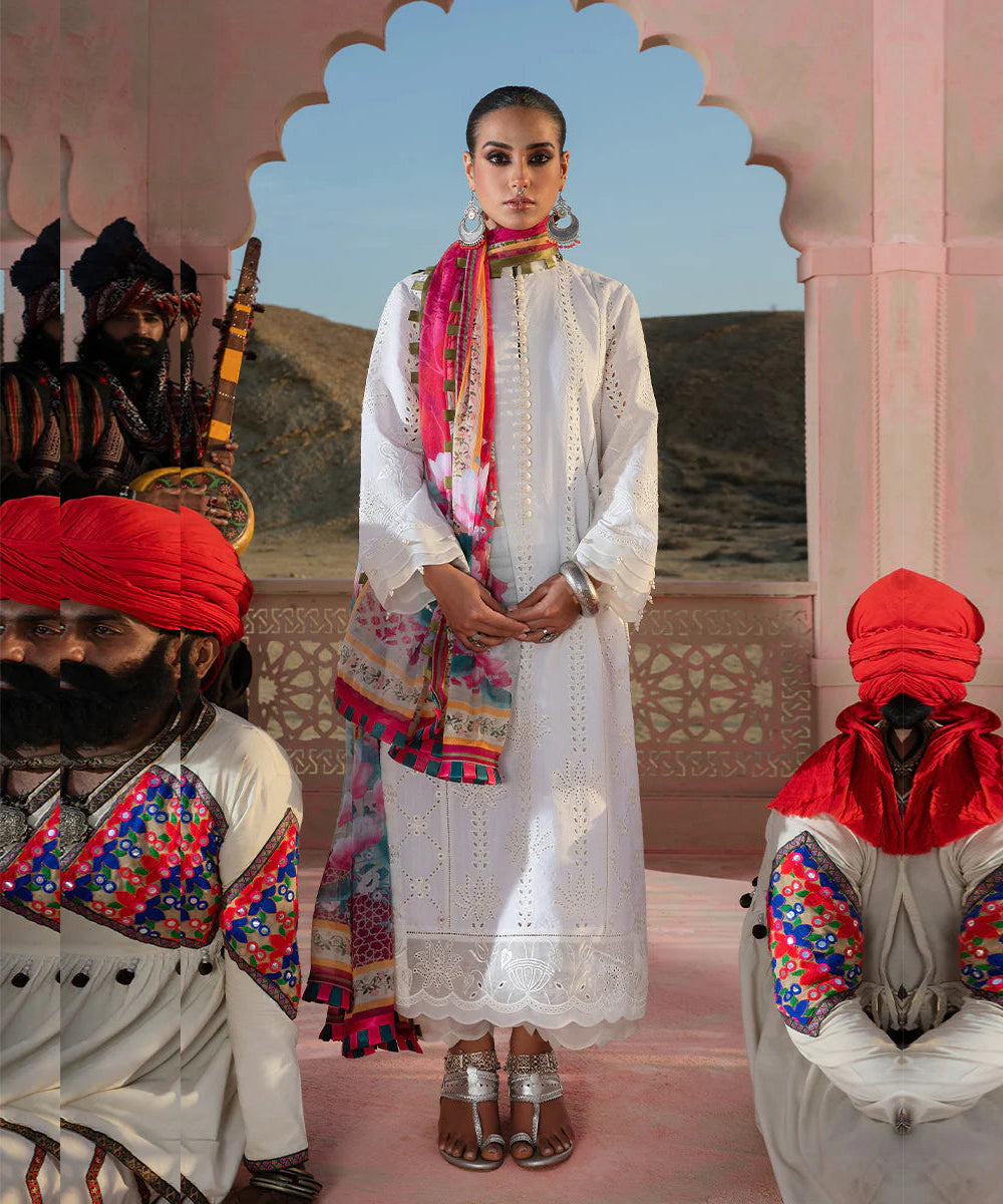 Warda Saleem Dhanak 3PC Chikankari Embroidered Shirt with Digital Printed Wool Shawl – ZC104
