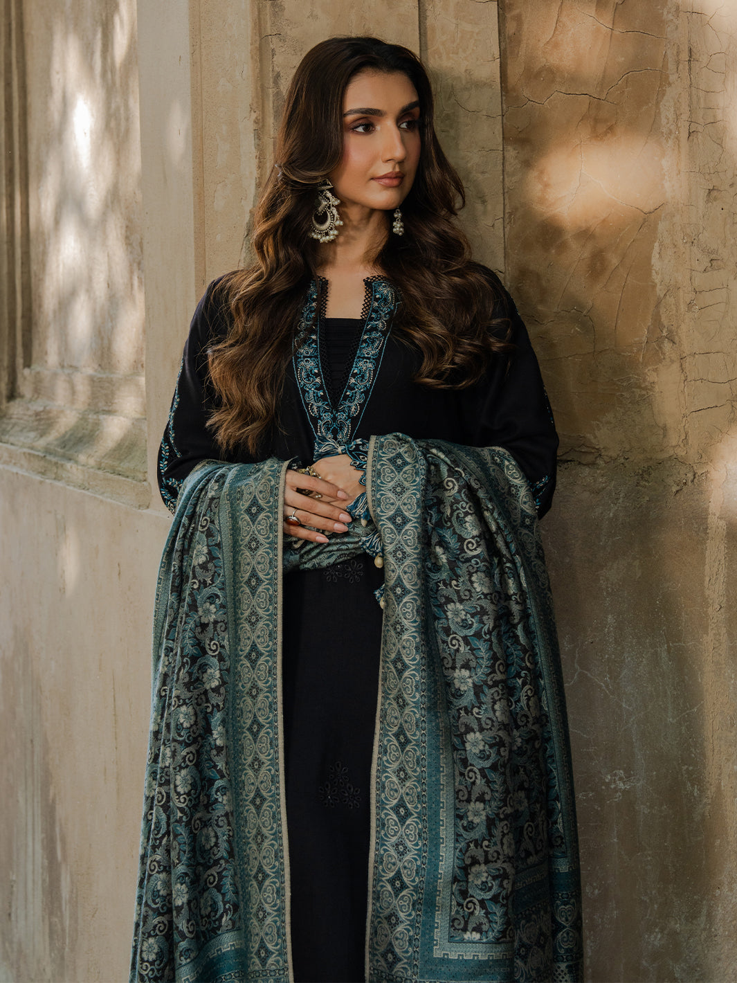 Dhanak-3PC Embroidered Shirt with Digital Printed Wool Shawl - 3552