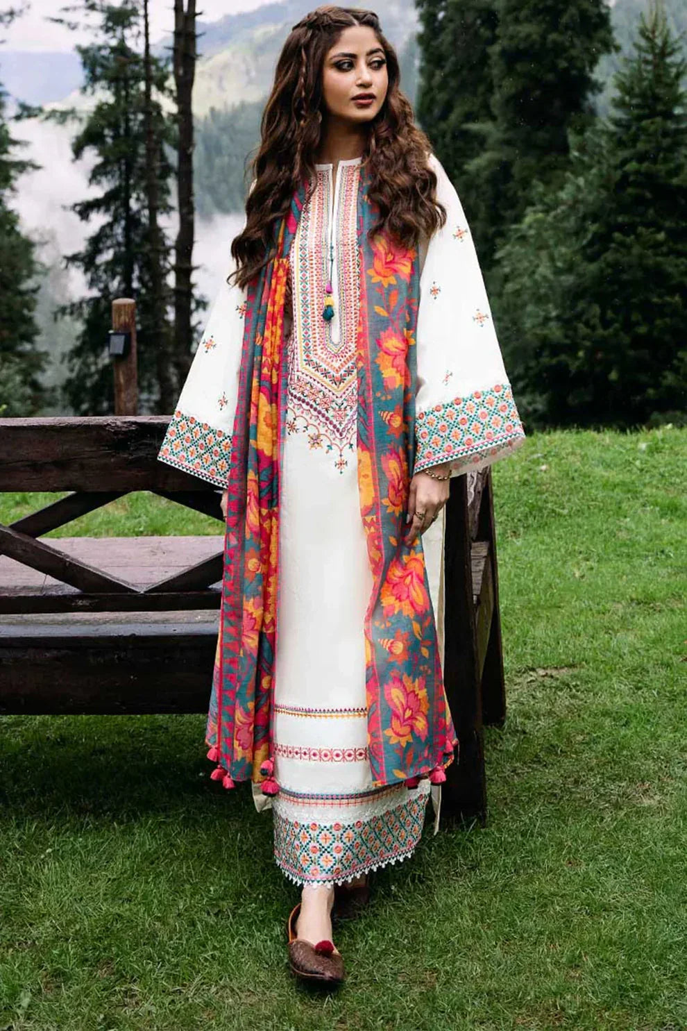 Sapphire Dhanak 3PC Embroidered Shirt with Printed Wool Shawl – ZC255