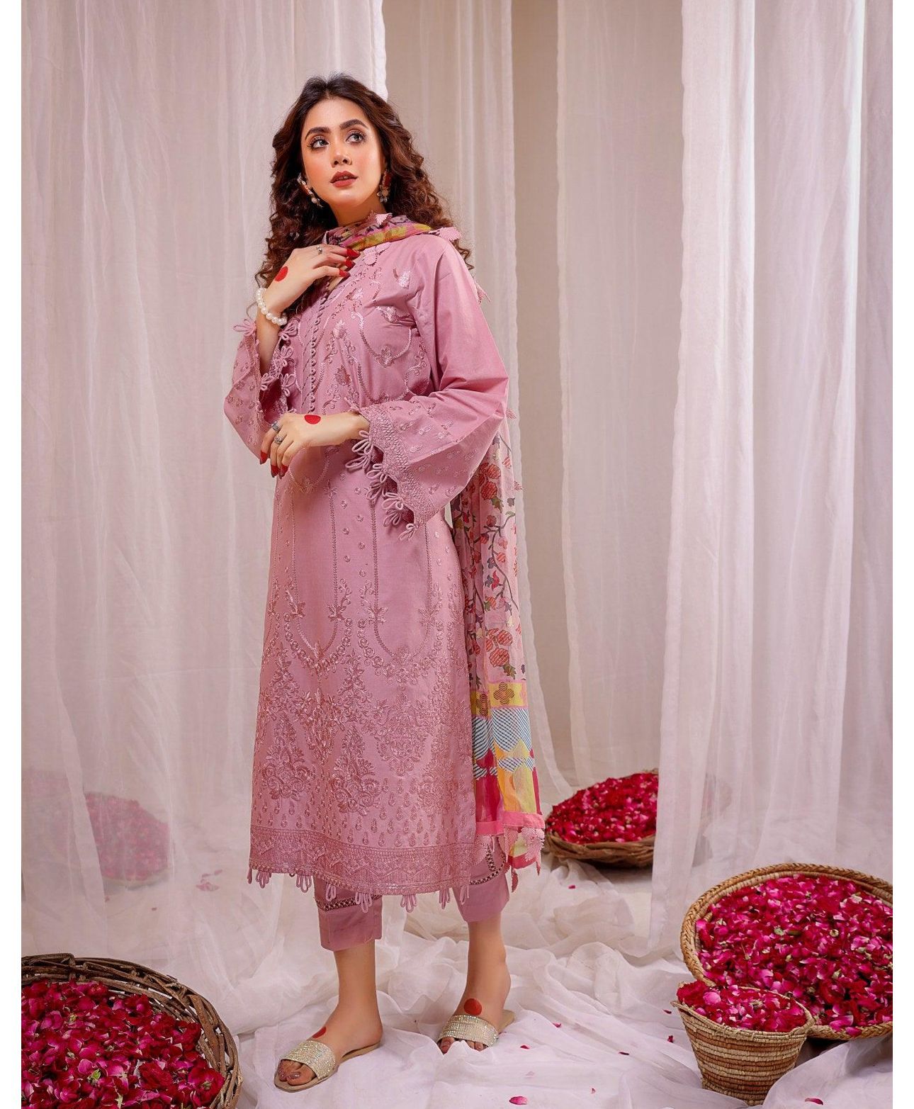 IDEAS CREATIVE Dhanak 3PC Embroidered With Digital Printed Shawl-664