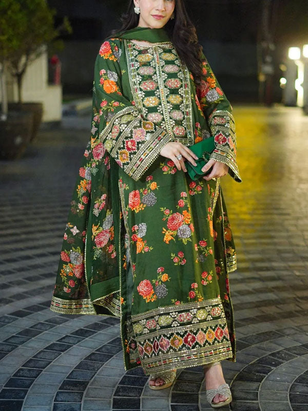ZARI's | LUXURY MULTI DIGITAL PRINTED SILK DRESS WITH FULL HEAVY MULTI THREAD EMBROIDERED SEQUENCE WORK | UNSTITCHED 3-PIECE SUIT - 007